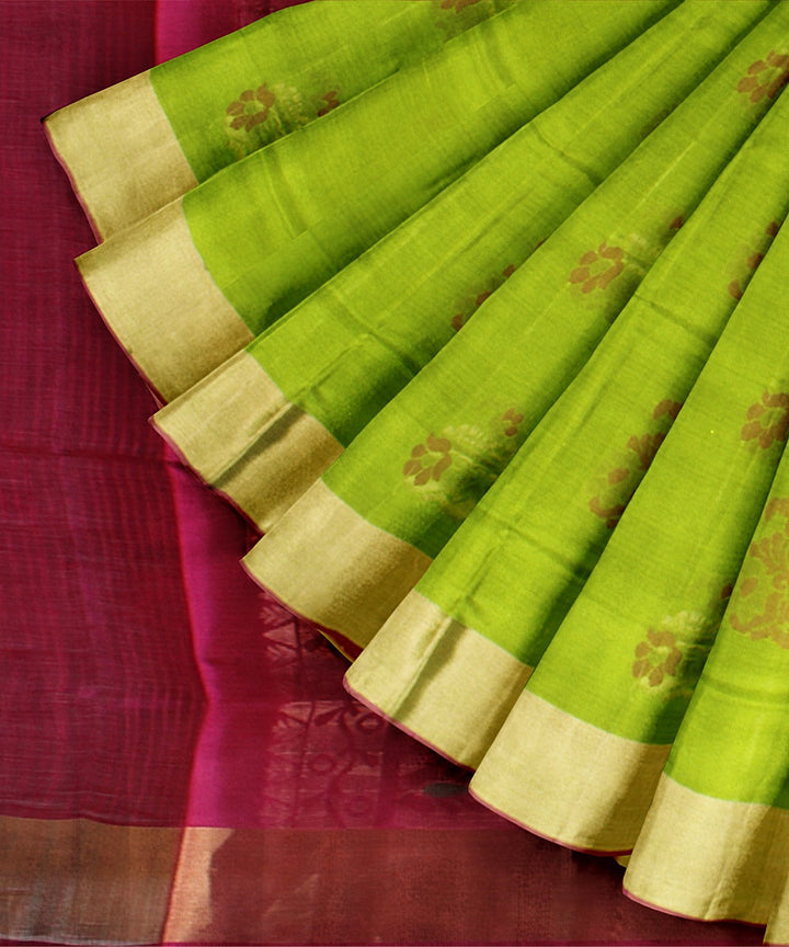 Lime green pink handwoven karnataka silk saree