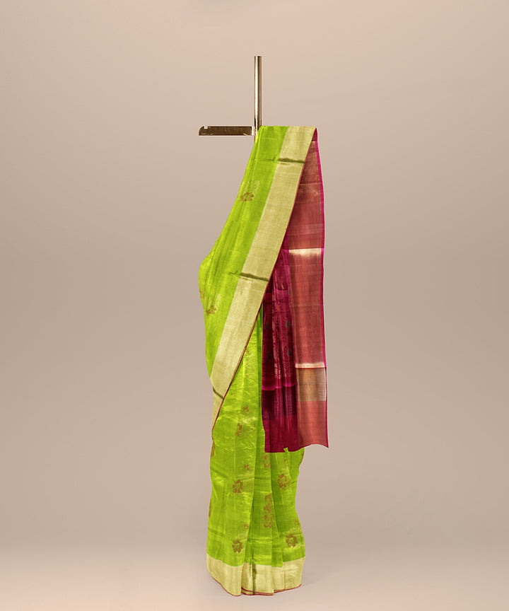 Lime green pink handwoven karnataka silk saree