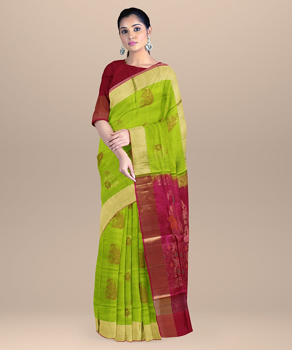 Lime green pink handwoven karnataka silk saree