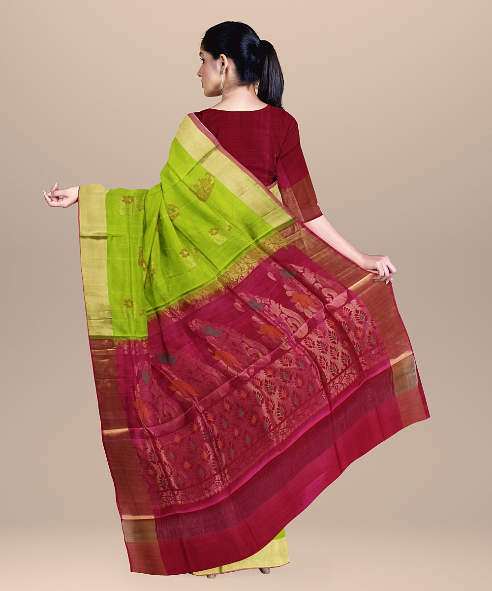 Lime green pink handwoven karnataka silk saree