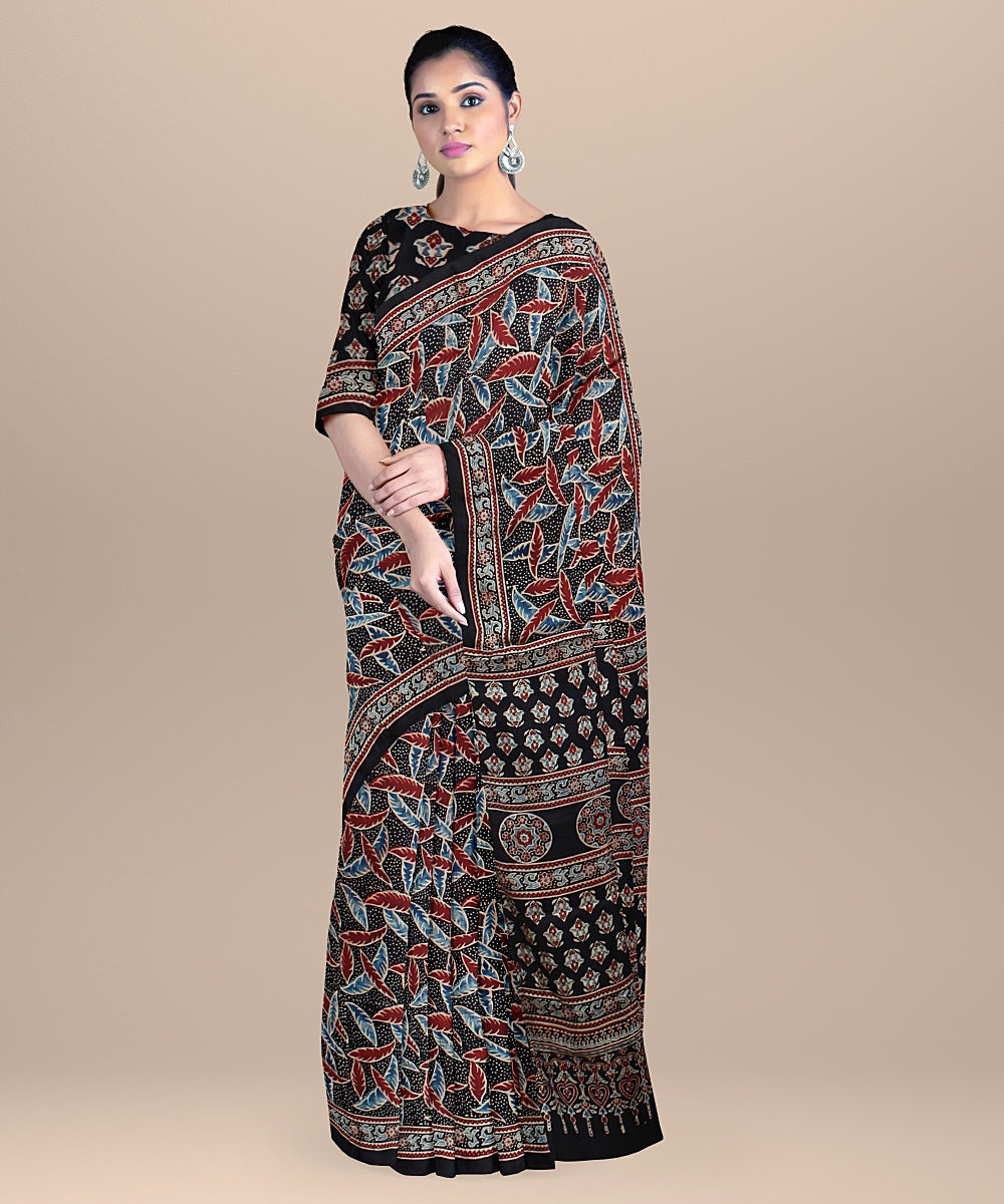 Black multi handwoven ajrakh silk saree