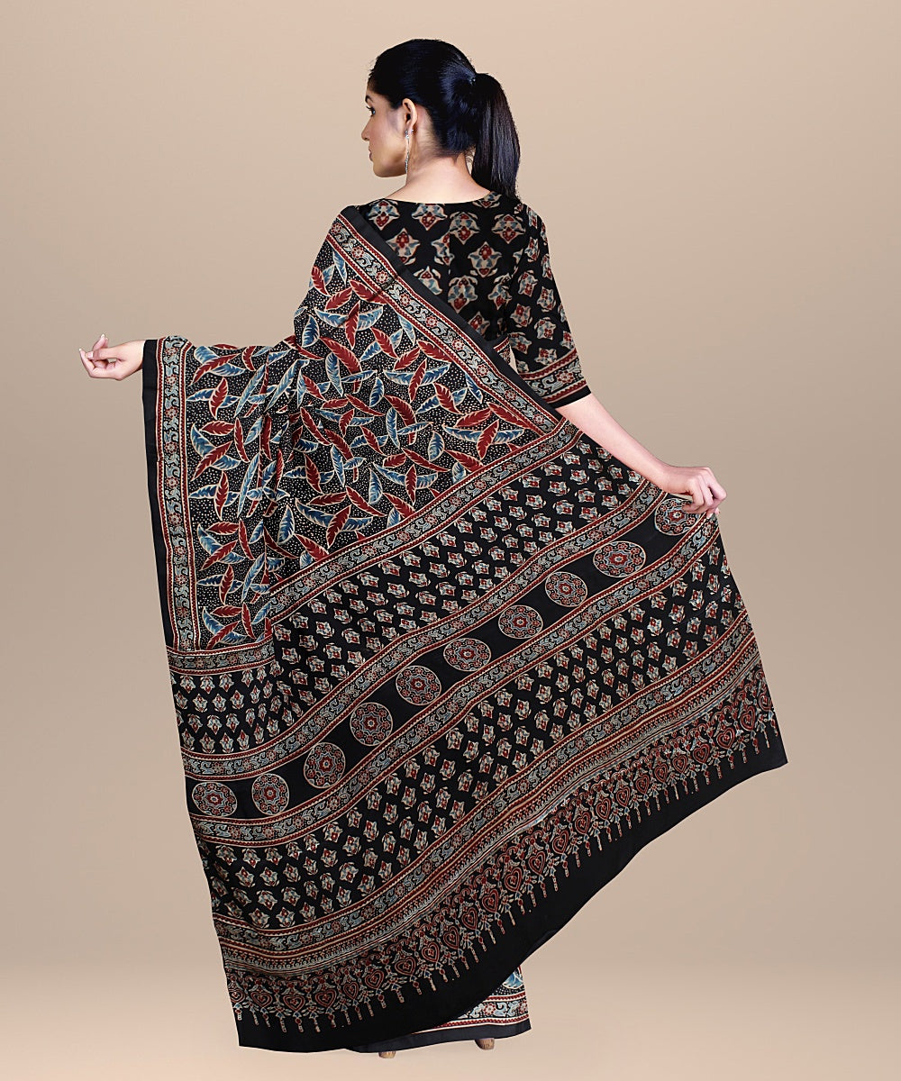 Black multi handwoven ajrakh silk saree