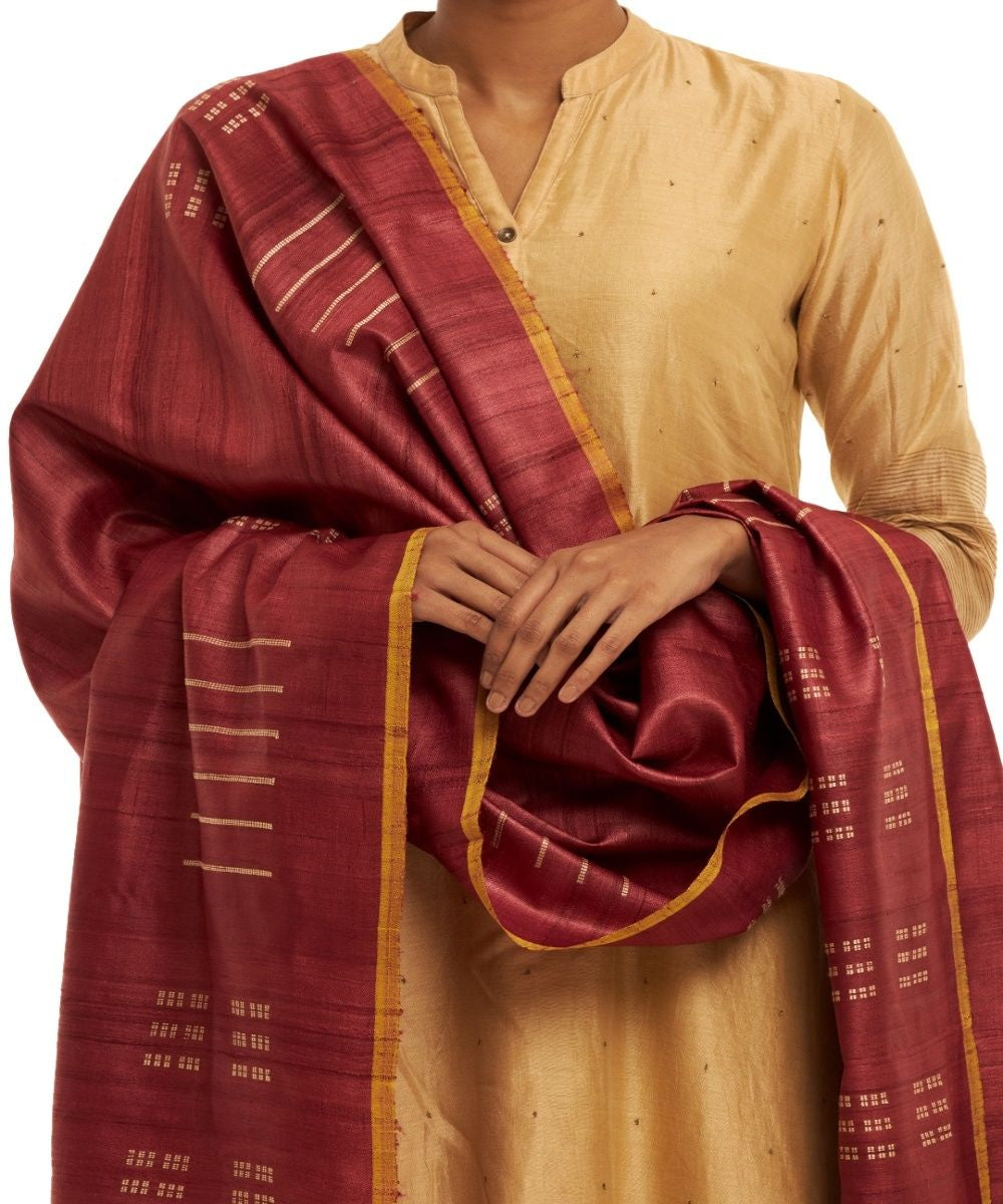 Maroon tussar silk hand woven kosa dupatta