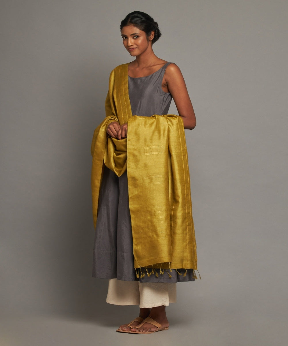 Yellow ochre tussar silk handwoven kosa dupatta