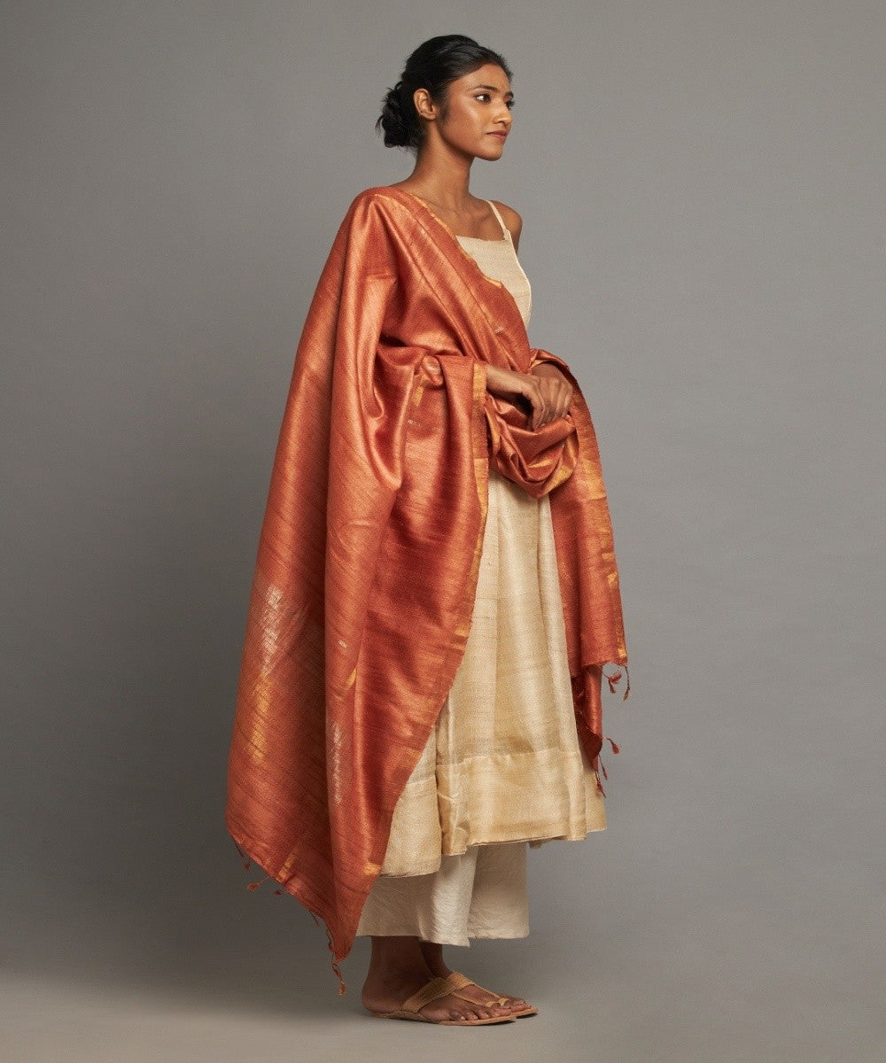 Rust tussar silk handwoven kosa dupatta