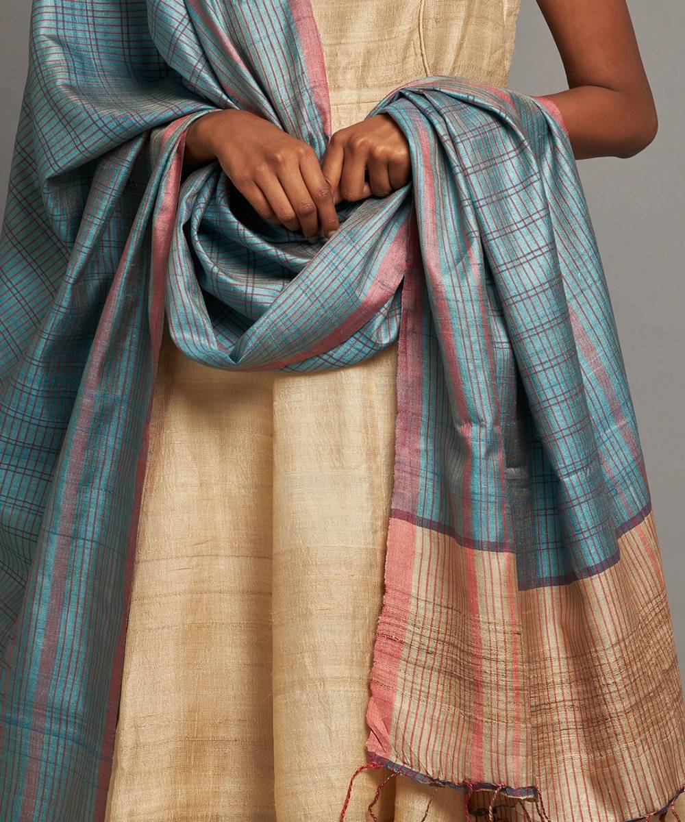 Teal blue tussar silk handwoven kosa dupatta