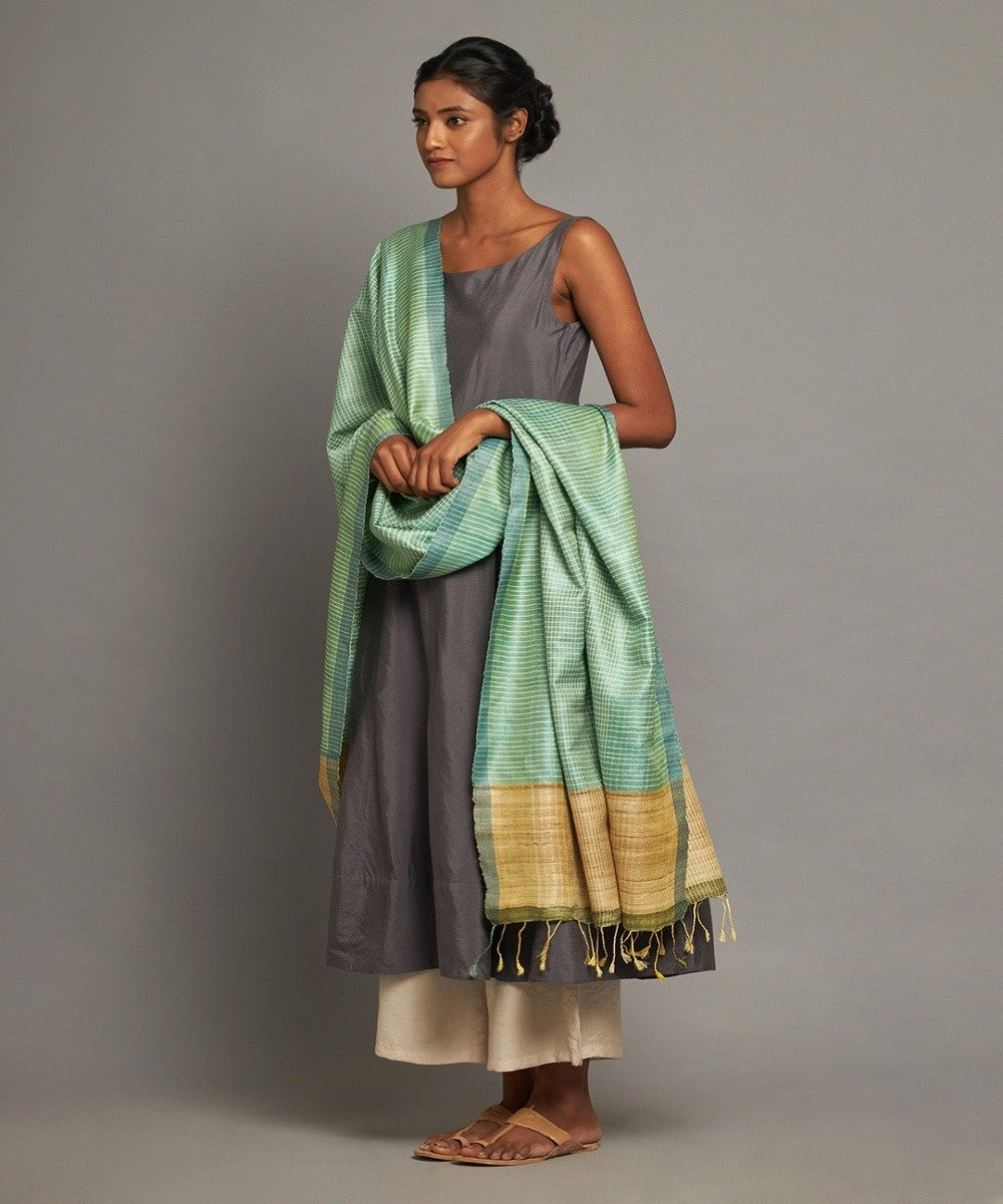 Aqua blue tussar silk handwoven kosa dupatta