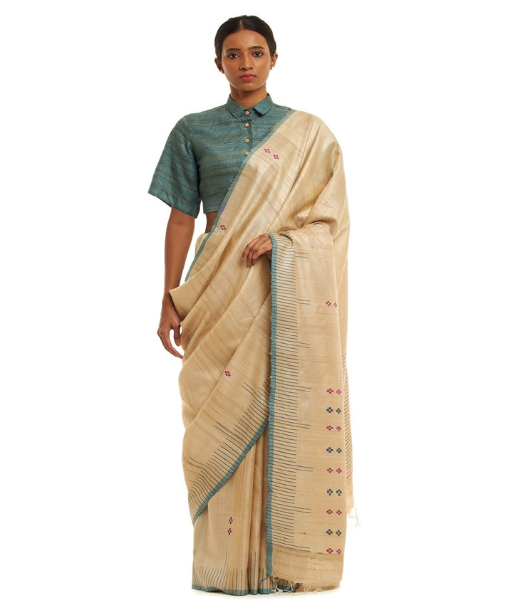 Off white blue tussar silk hand woven chhattisgarh kosa saree