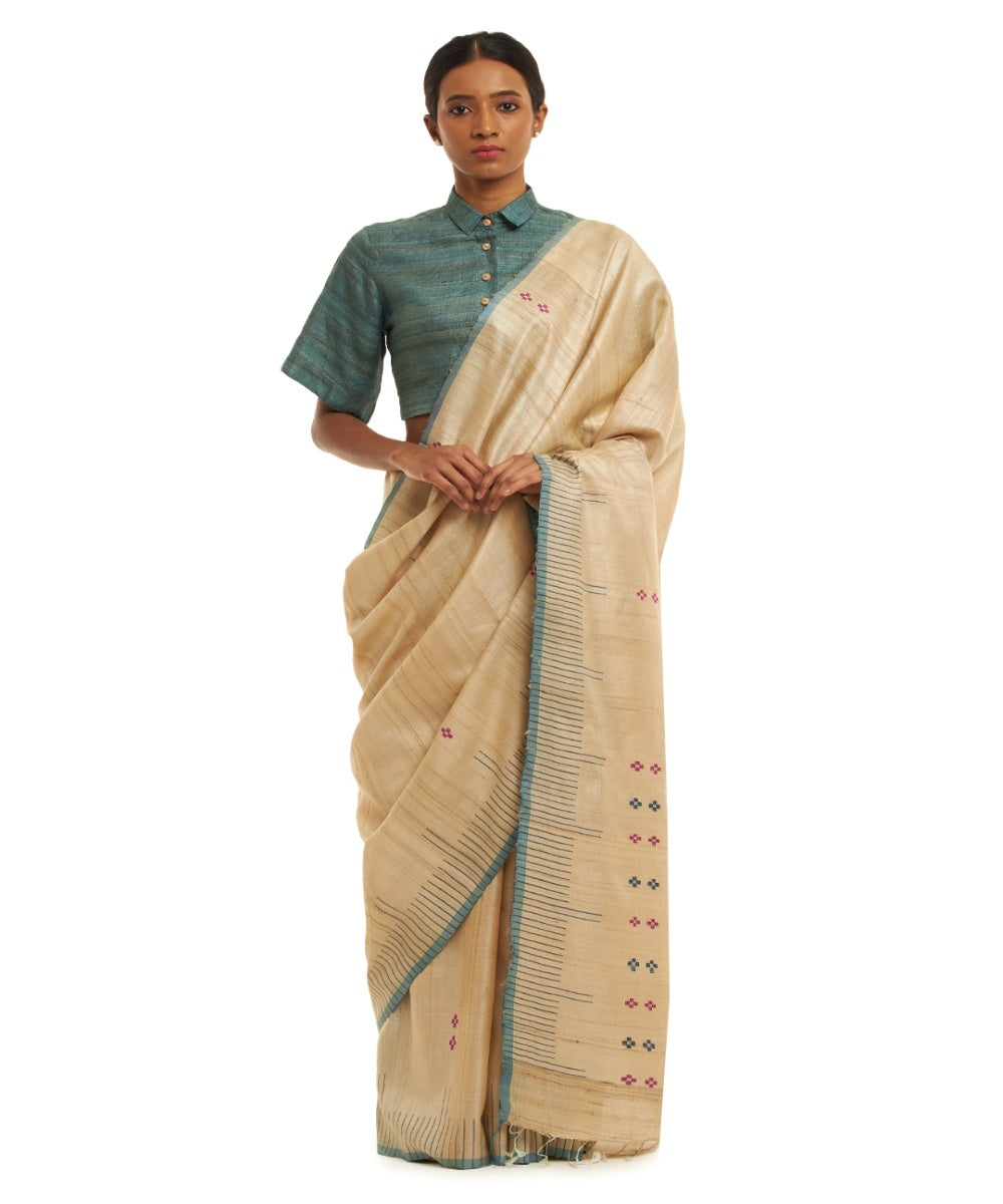 Off white blue tussar silk hand woven chhattisgarh kosa saree