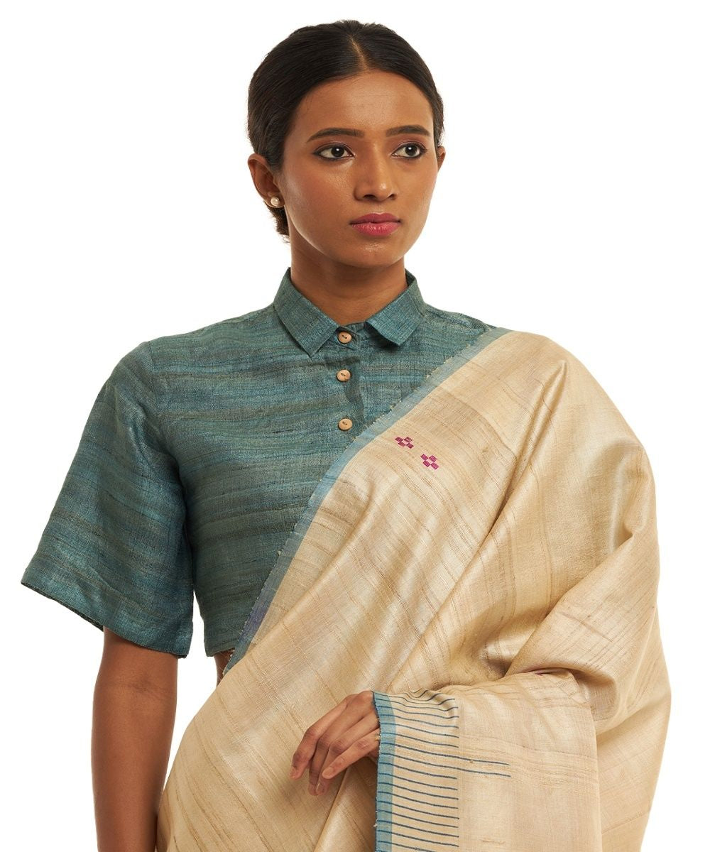 Off white blue tussar silk hand woven chhattisgarh kosa saree