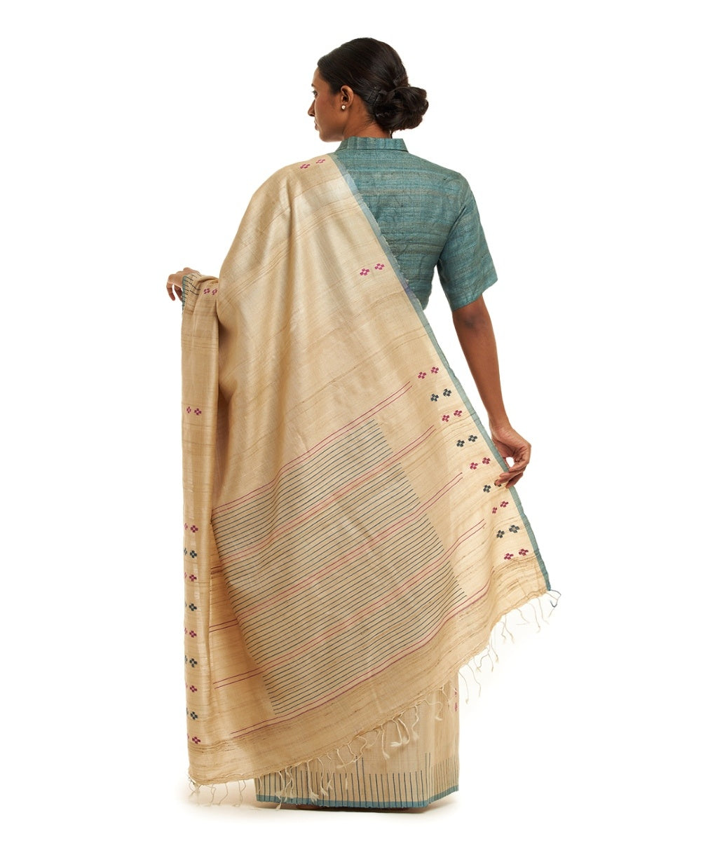 Off white blue tussar silk hand woven chhattisgarh kosa saree