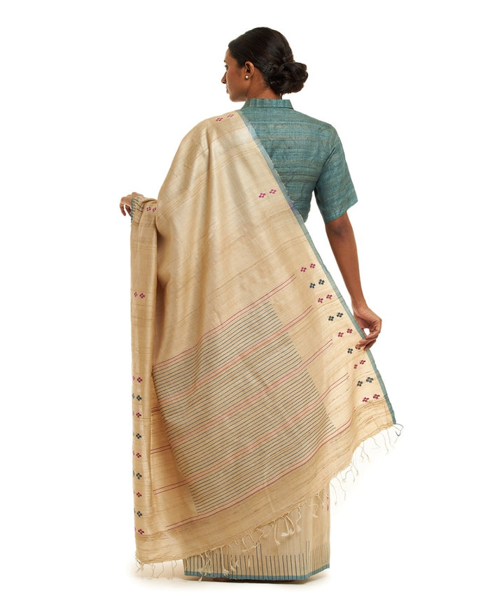 Off white blue tussar silk hand woven chhattisgarh kosa saree