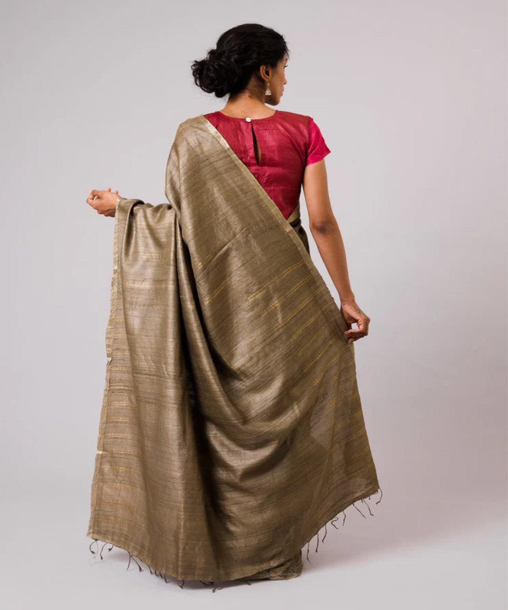 Grey tussar silk hand-loom chhattisgarh kosa saree
