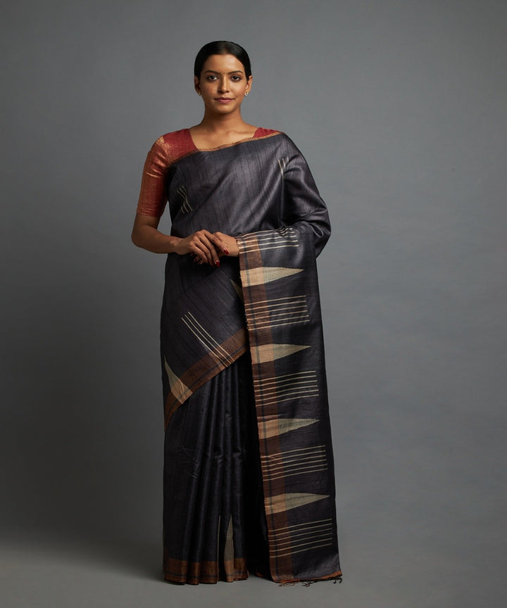 Charcoal grey tussar silk hand woven chhattisgarh kosa saree