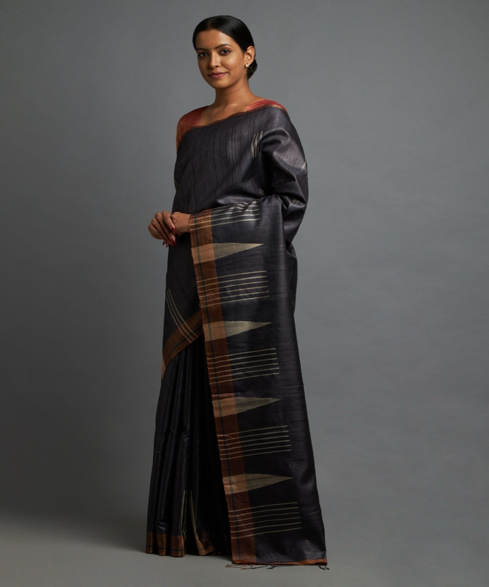 Charcoal grey tussar silk hand woven chhattisgarh kosa saree