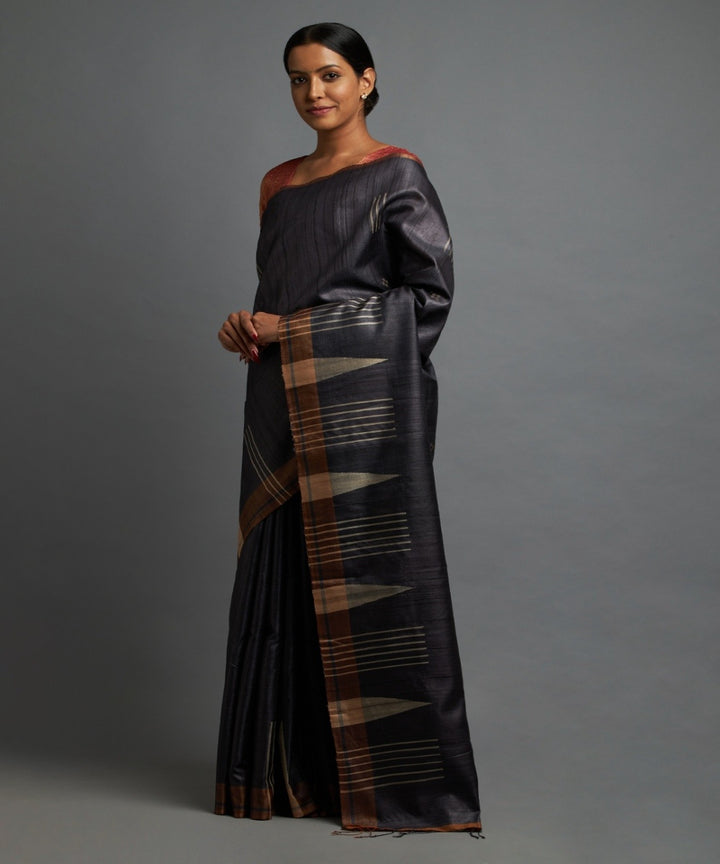 Charcoal grey tussar silk hand woven chhattisgarh kosa saree
