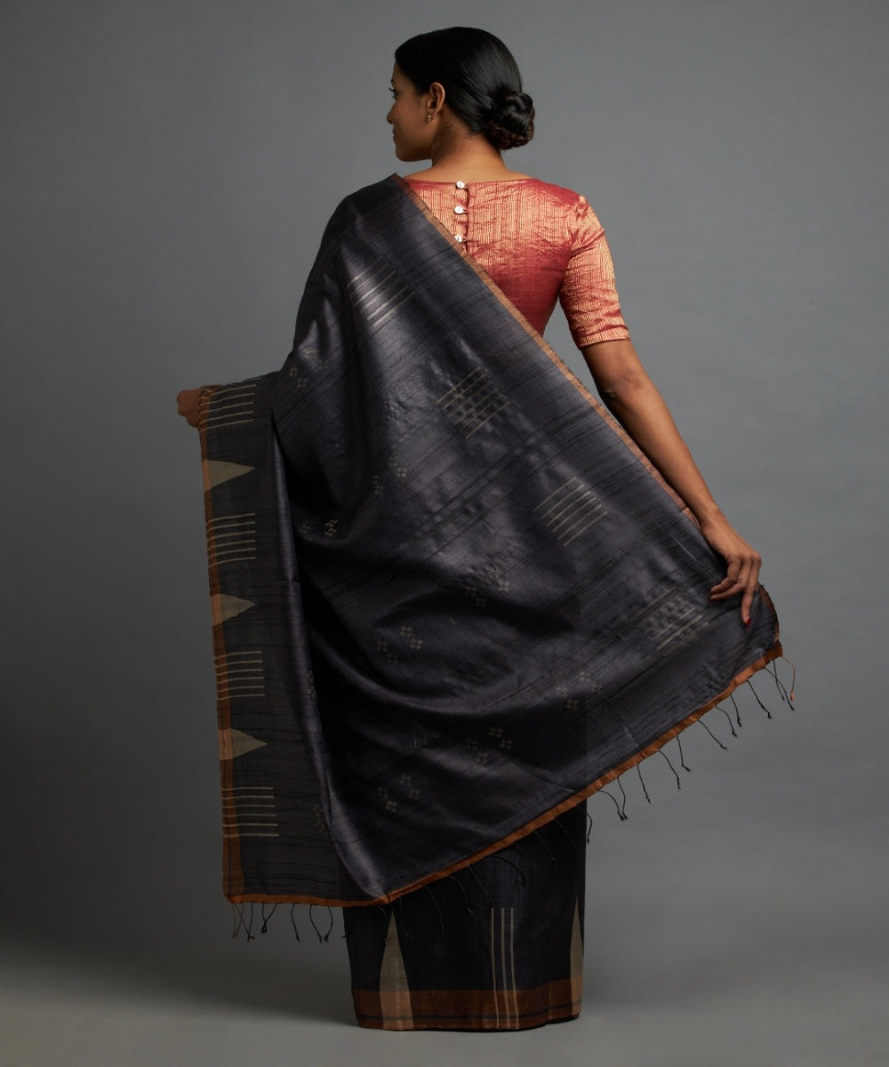 Charcoal grey tussar silk hand woven chhattisgarh kosa saree