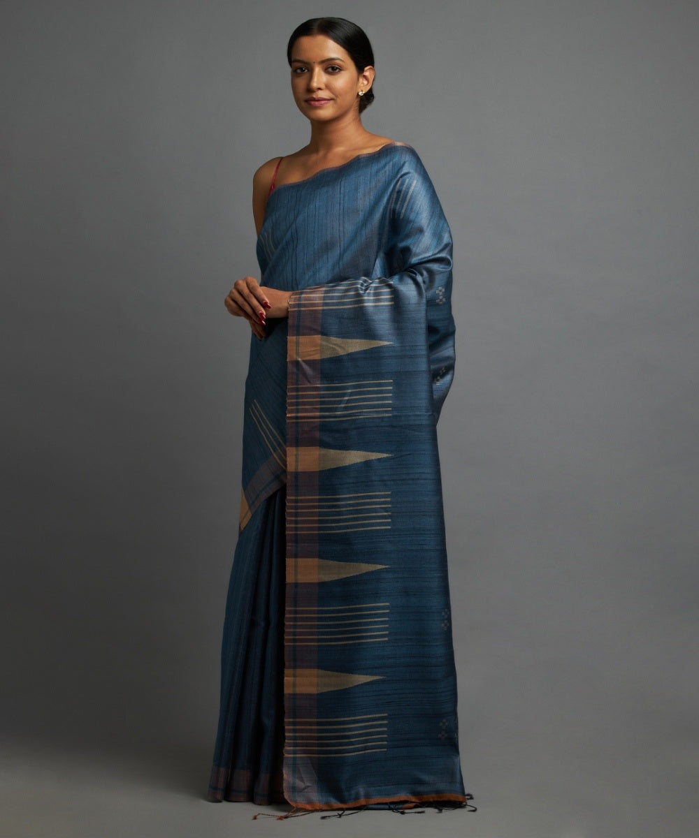 Sapphire blue tussar silk hand woven chhattisgarh kosa saree