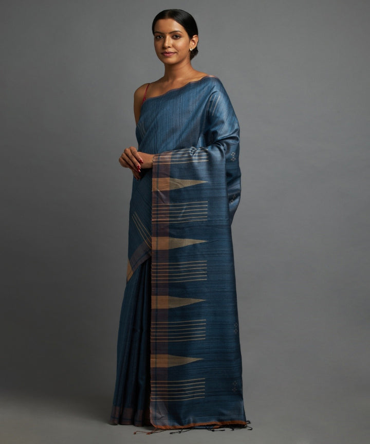 Sapphire blue tussar silk hand woven chhattisgarh kosa saree