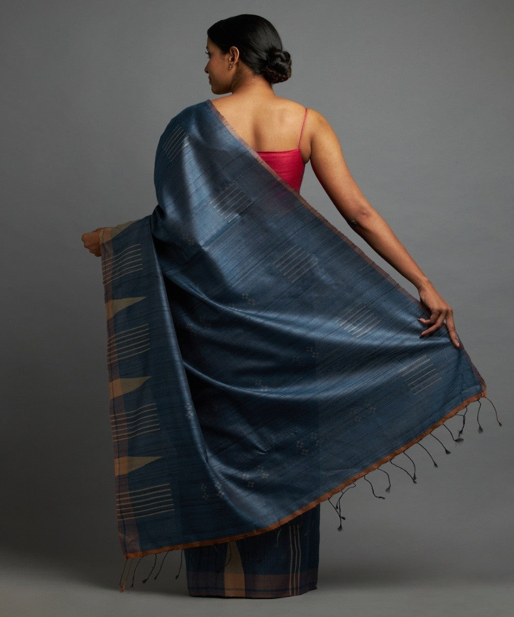 Sapphire blue tussar silk hand woven chhattisgarh kosa saree