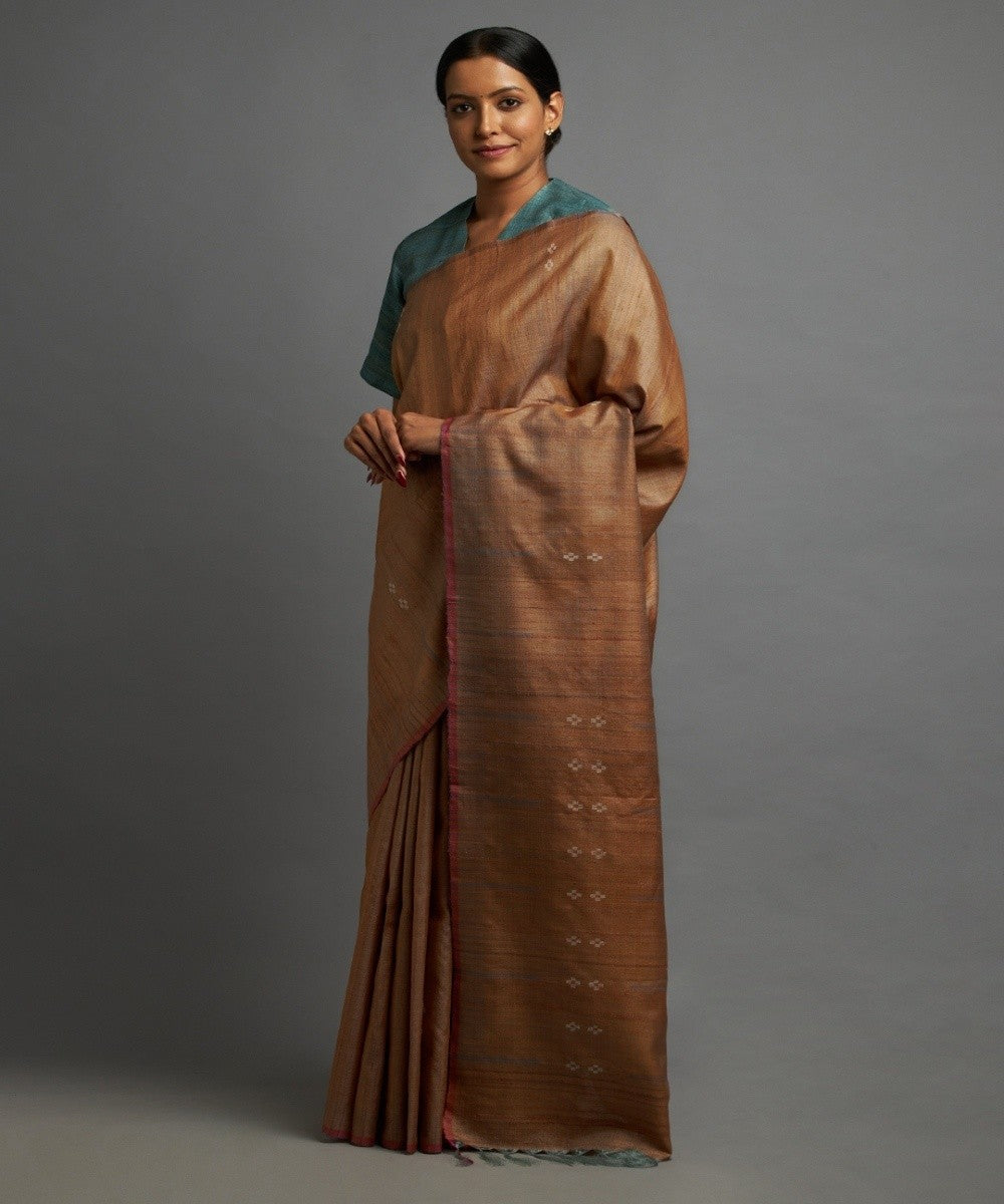 Sienna brown tussar silk handwoven chhattisgarh kosa saree