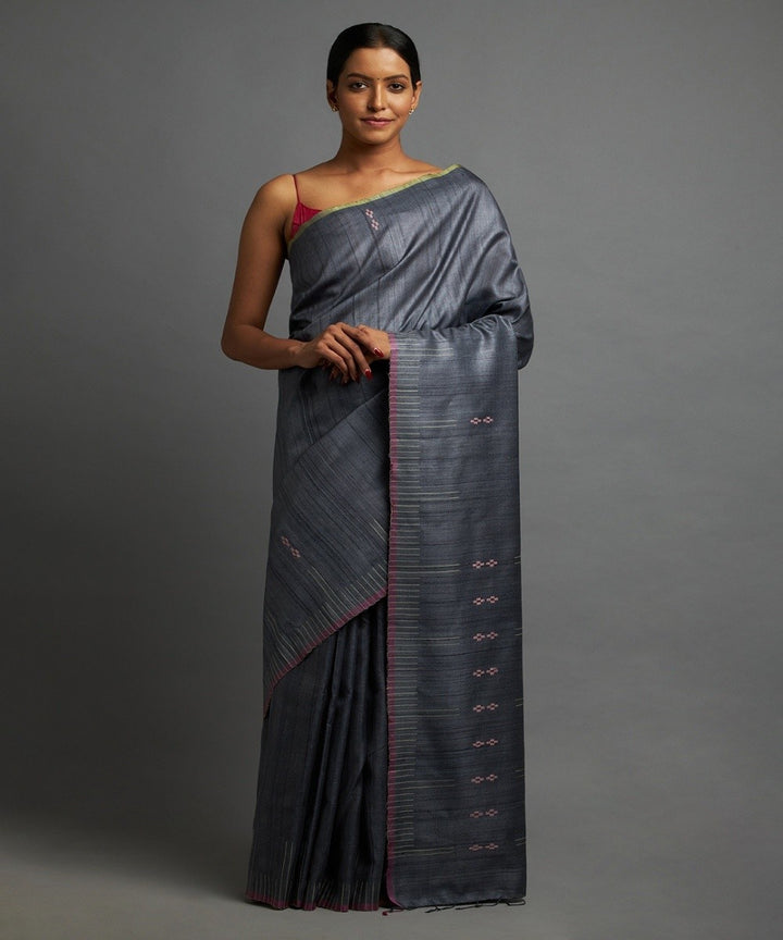 Charcoal blue tussar silk hand woven chhattisgarh kosa saree