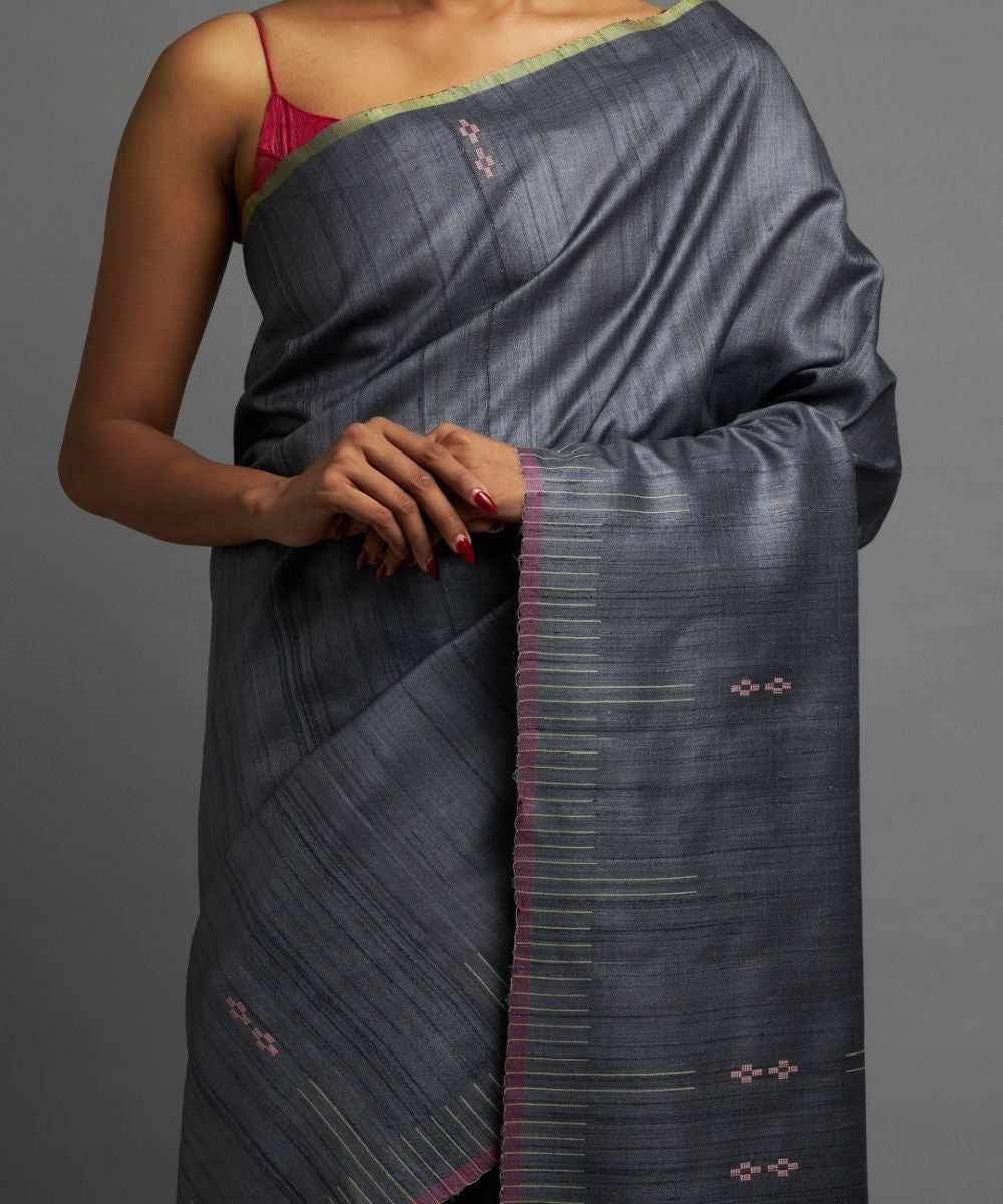 Charcoal blue tussar silk hand woven chhattisgarh kosa saree