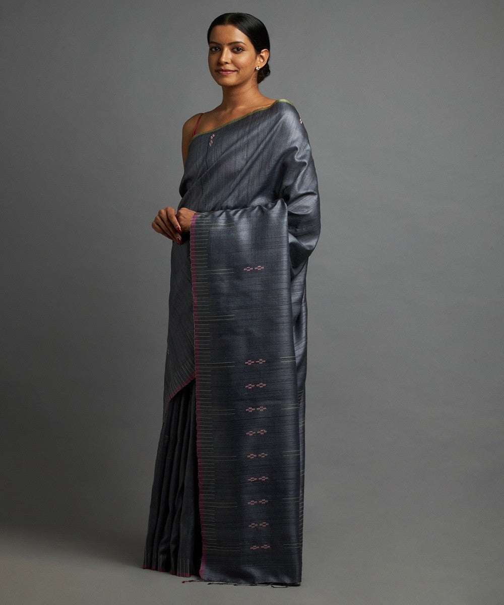 Charcoal blue tussar silk hand woven chhattisgarh kosa saree
