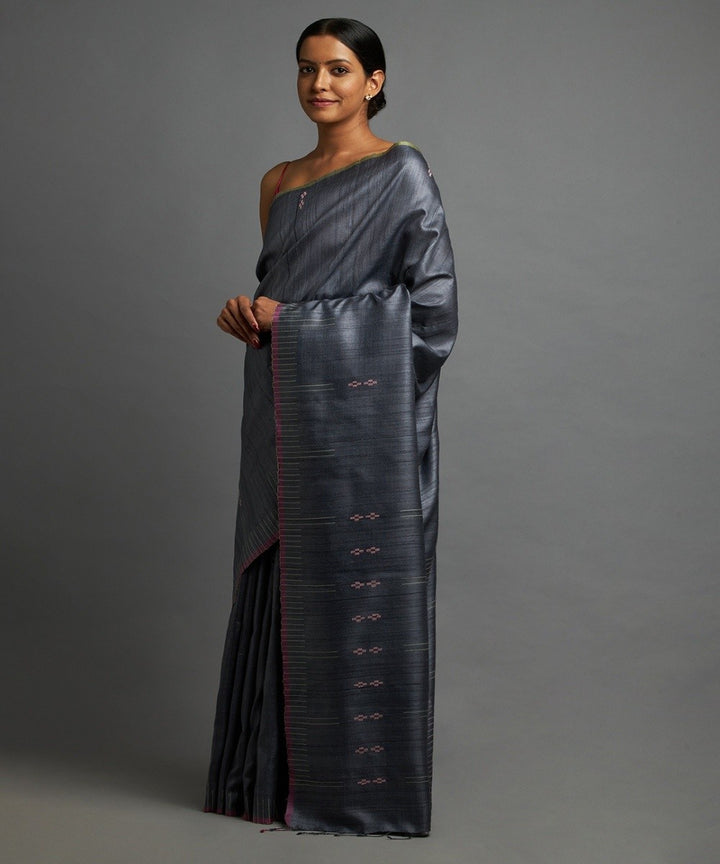 Charcoal blue tussar silk hand woven chhattisgarh kosa saree