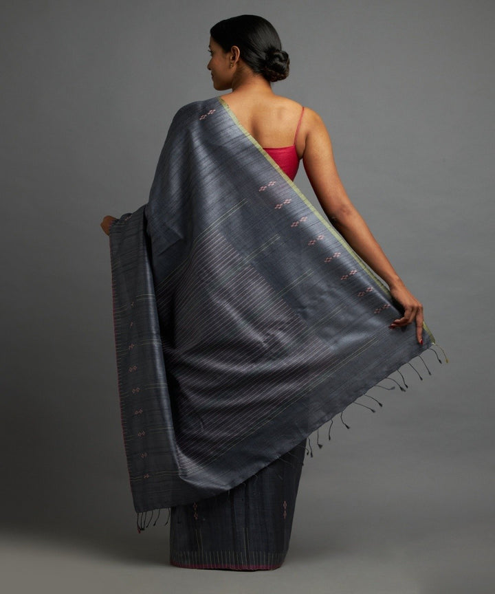 Charcoal blue tussar silk hand woven chhattisgarh kosa saree