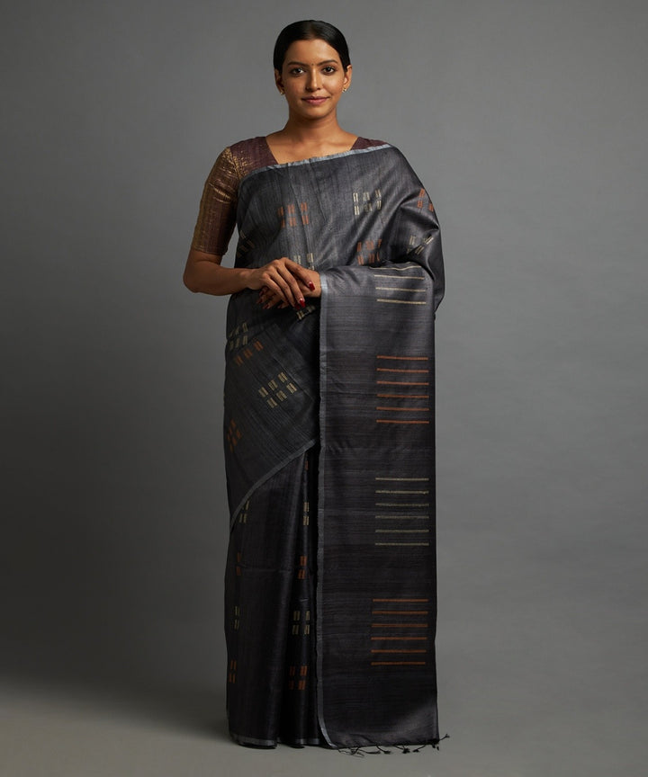 Charcoal black tussar silk hand woven chhattisgarh kosa saree