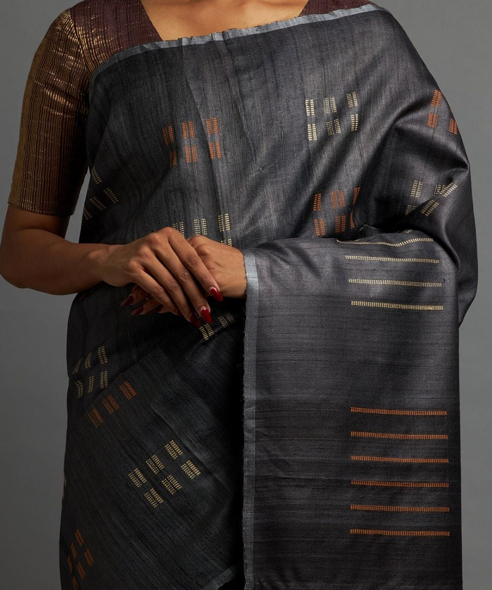 Charcoal black tussar silk hand woven chhattisgarh kosa saree
