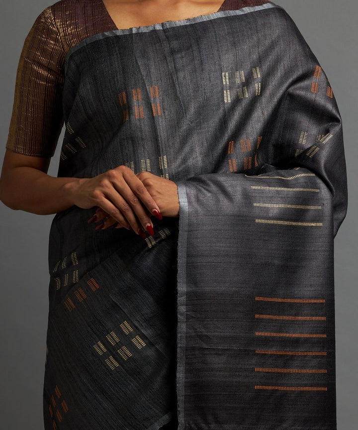Charcoal black tussar silk hand woven chhattisgarh kosa saree