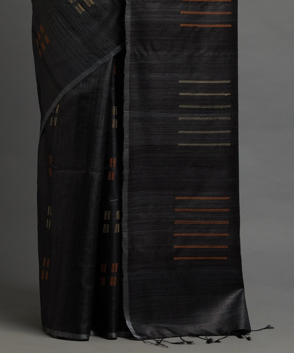 Charcoal black tussar silk hand woven chhattisgarh kosa saree