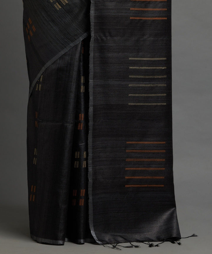 Charcoal black tussar silk hand woven chhattisgarh kosa saree