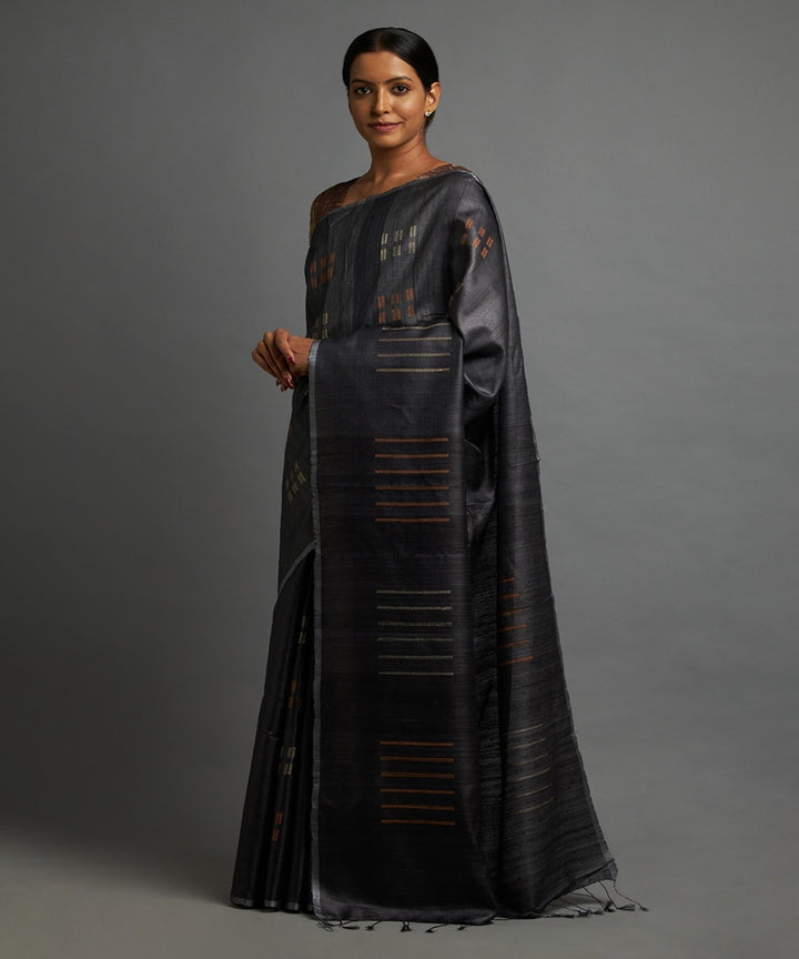Charcoal black tussar silk hand woven chhattisgarh kosa saree