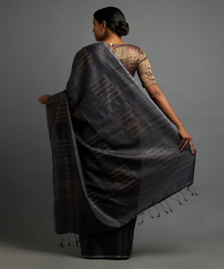 Charcoal black tussar silk hand woven chhattisgarh kosa saree