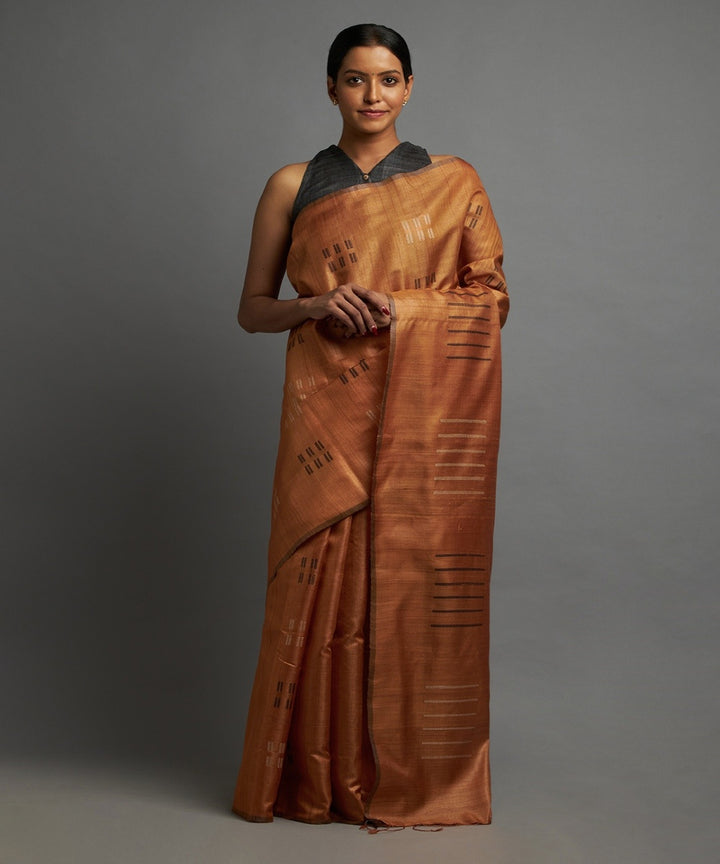 Sienna brown tussar silk hand woven chhattisgarh kosa saree