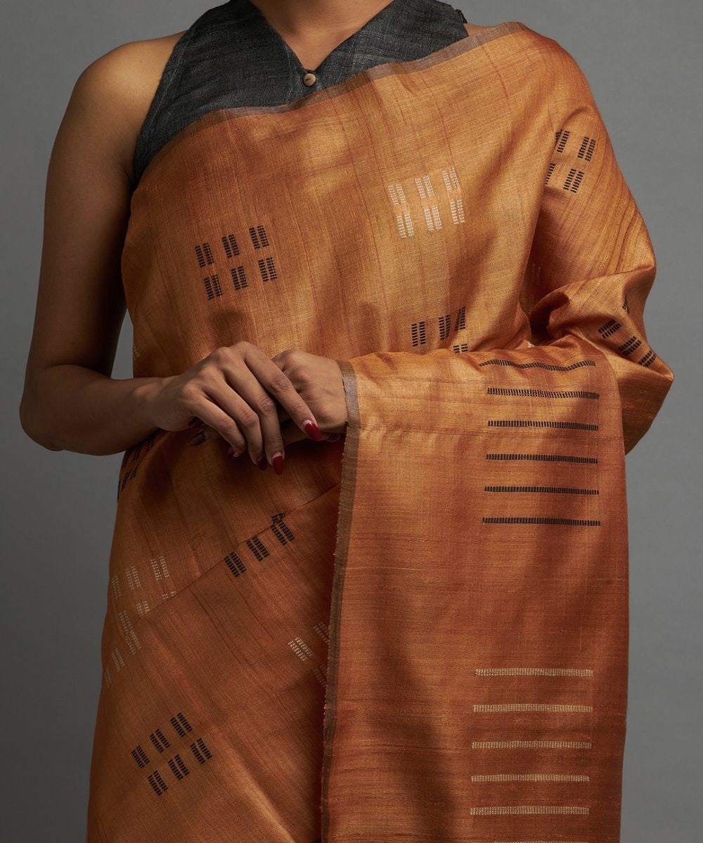 Sienna brown tussar silk hand woven chhattisgarh kosa saree