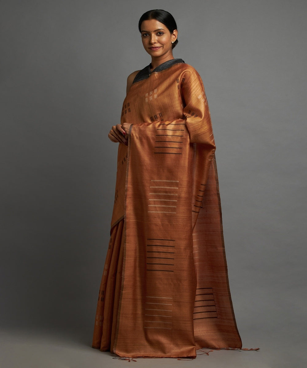 Sienna brown tussar silk hand woven chhattisgarh kosa saree