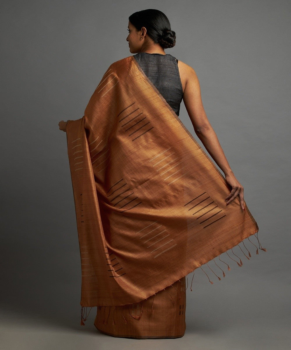 Sienna brown tussar silk hand woven chhattisgarh kosa saree