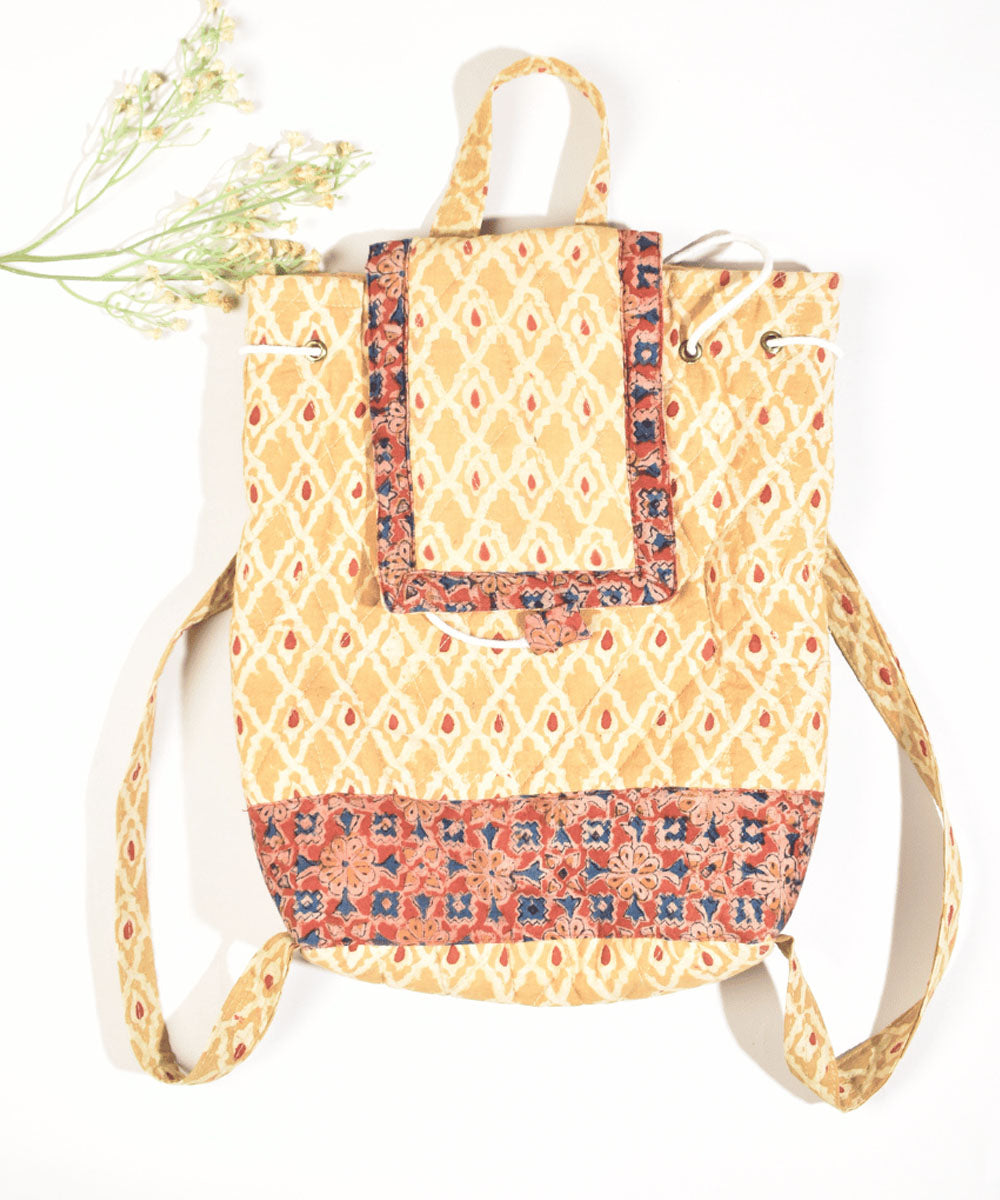 Yellow red hand painted cotton kalamkari bag
