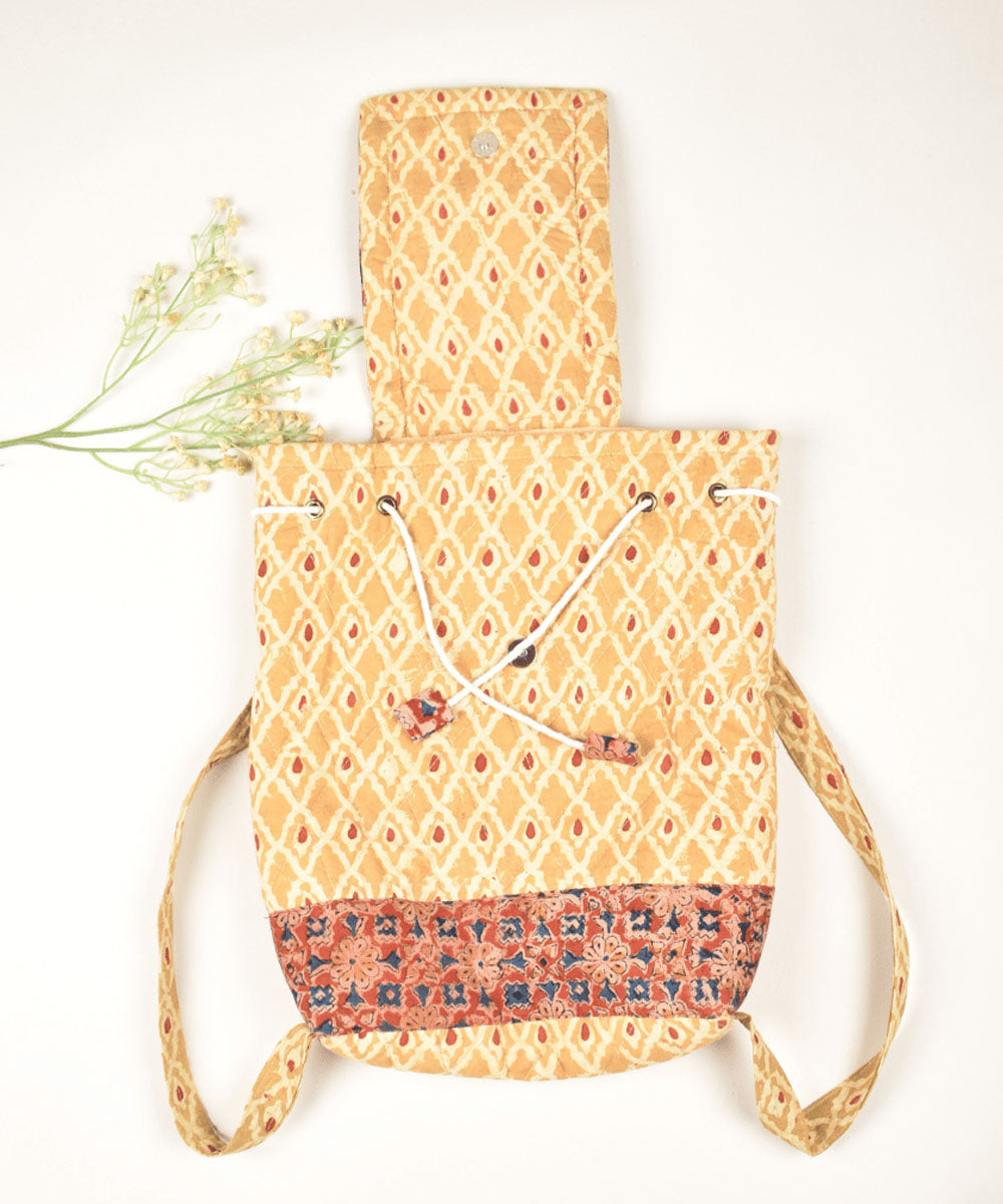 Yellow red hand painted cotton kalamkari bag