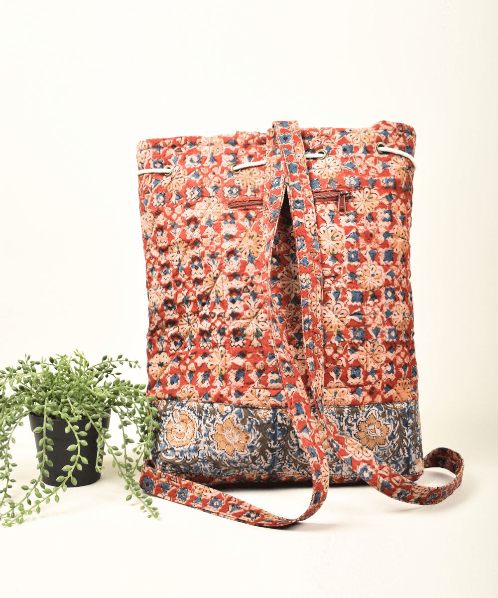Red blue hand painted cotton kalamkari bag