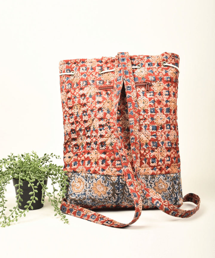 Red blue hand painted cotton kalamkari bag