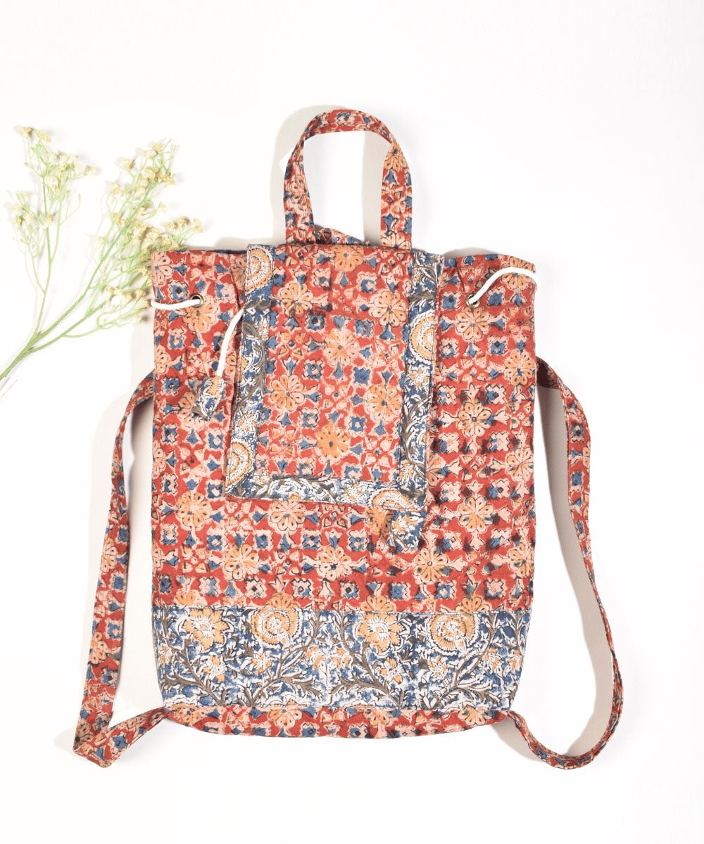 Red blue hand painted cotton kalamkari bag