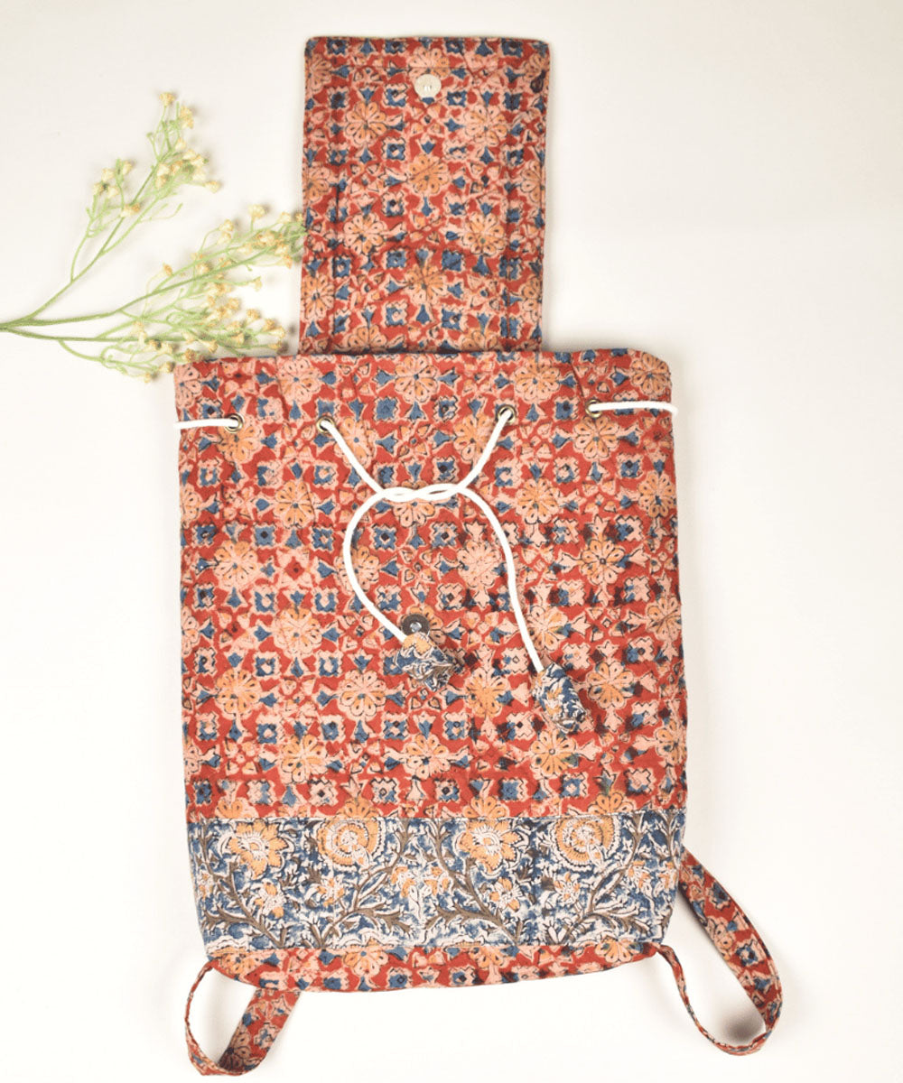 Red blue hand painted cotton kalamkari bag