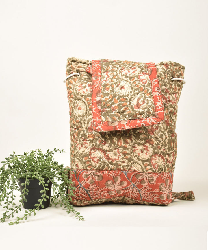 Red green hand painted cotton kalamkari bag