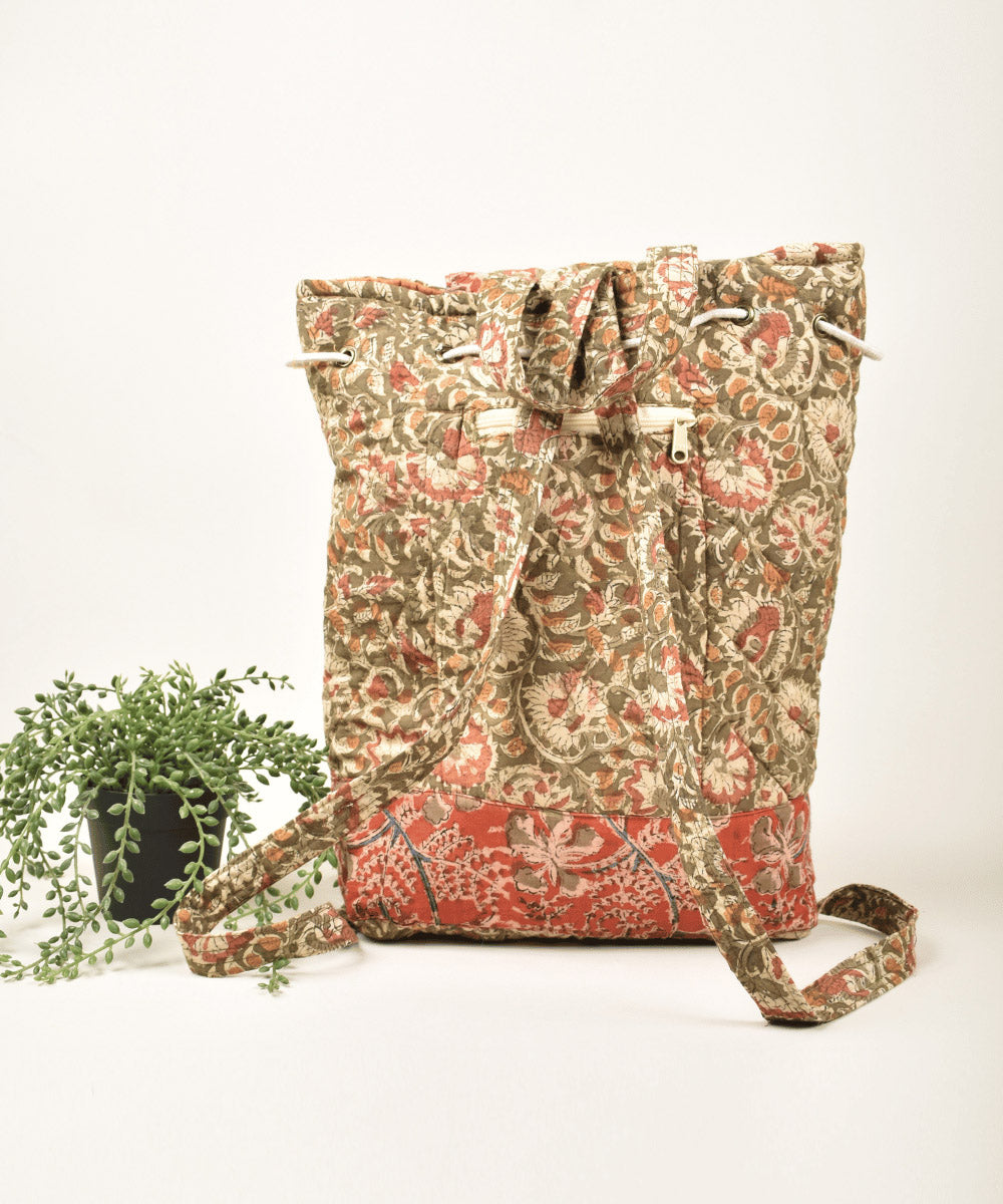 Red green hand painted cotton kalamkari bag
