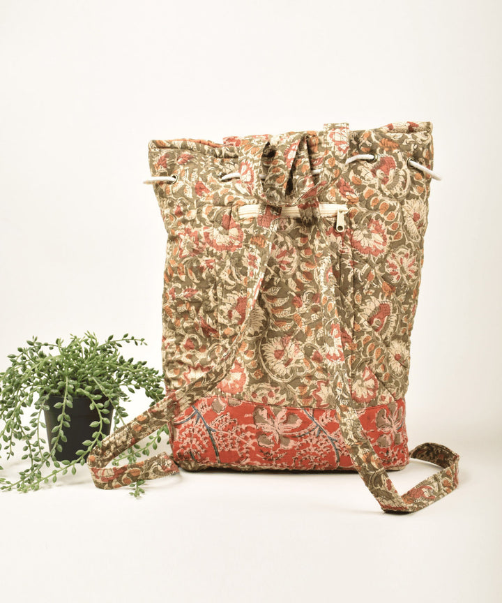 Red green hand painted cotton kalamkari bag